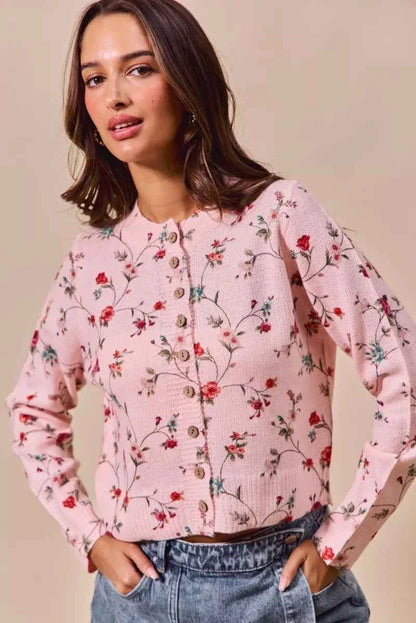 Sarah Express Women's Floral Print Button Front Cardigan Sweater Top