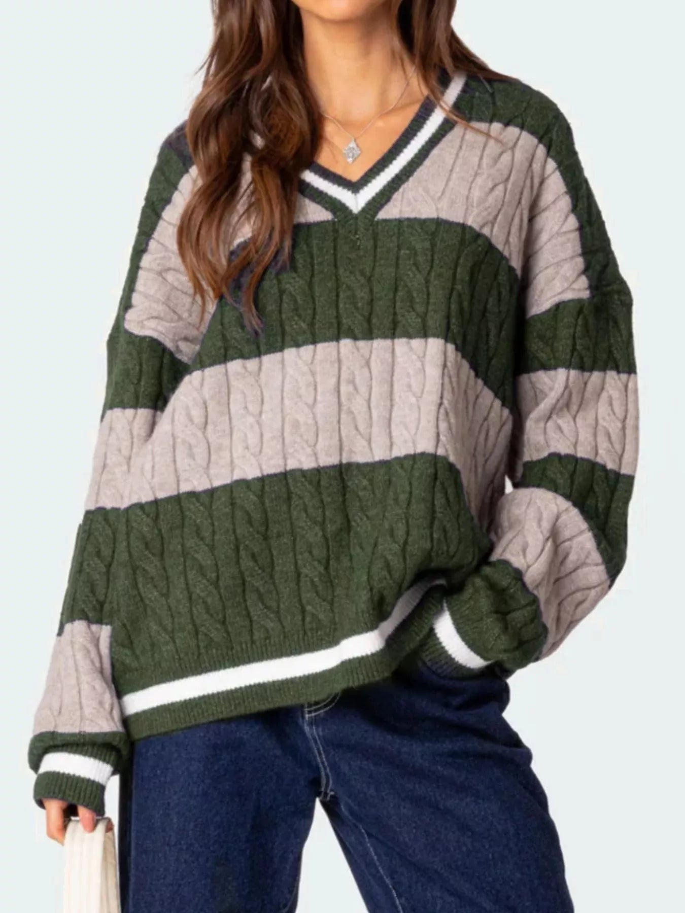 Sarah Express Women's Striped Cable Knit V-Neck Sweater - Oversized Fit