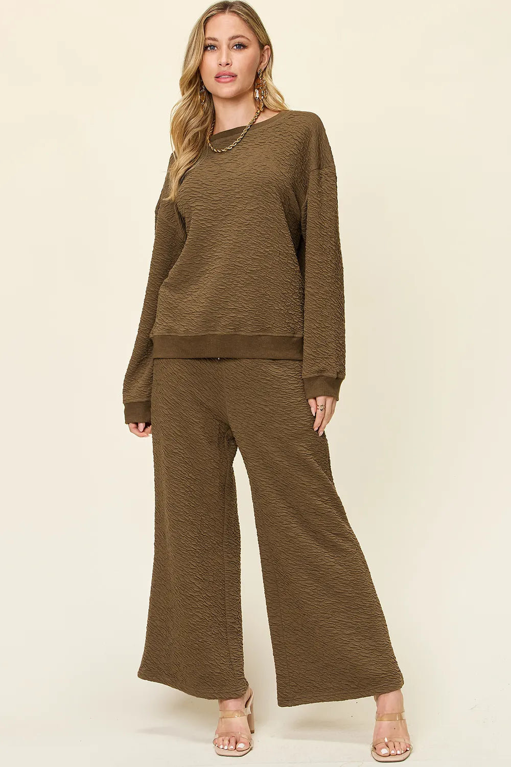 Sarah Express Women's Textured Long Sleeve Top and Pants Lounge Set Taupe