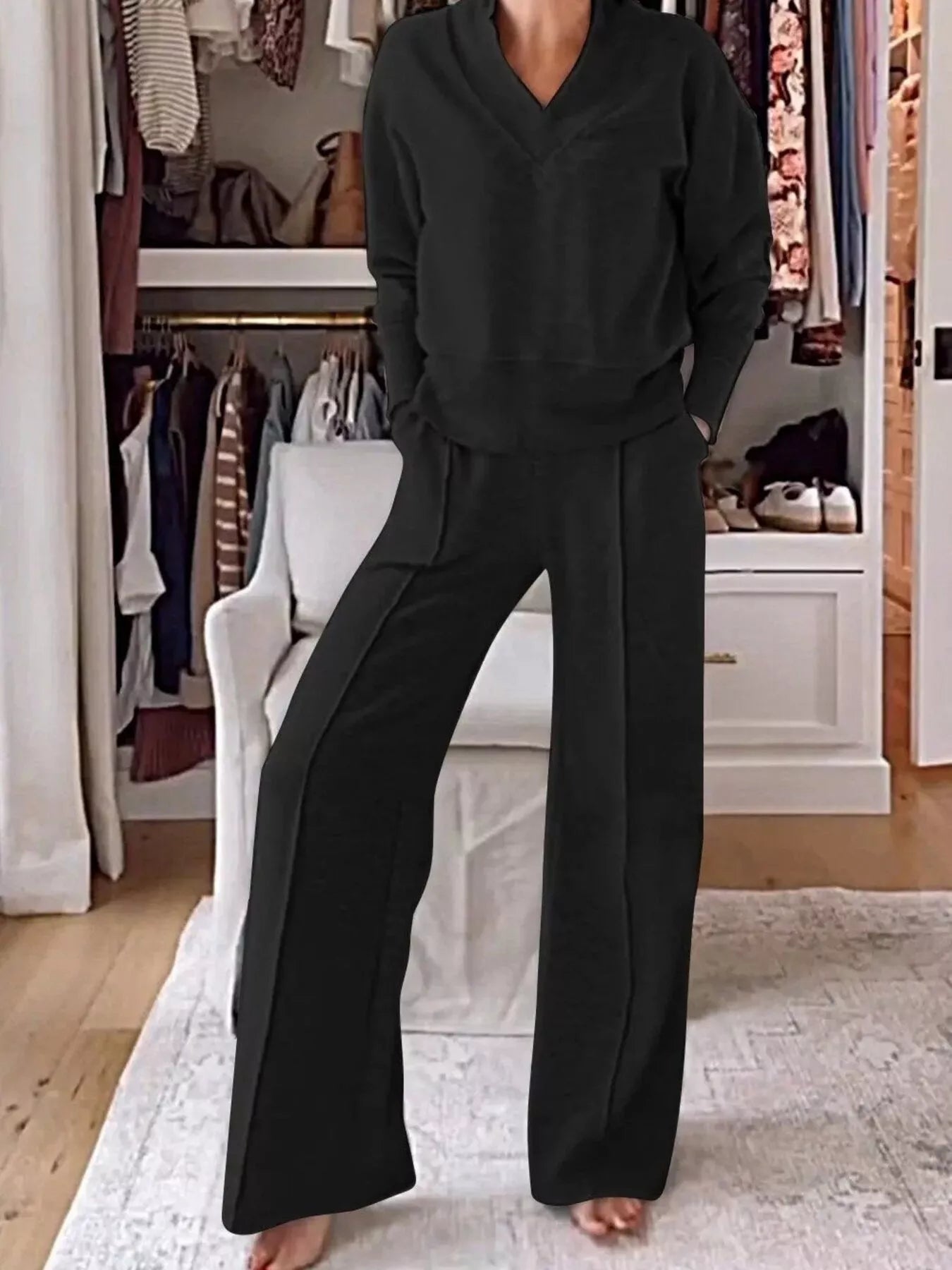 Sarah Express Women's Cozy V-Neck Top and Pants Lounge Set Black