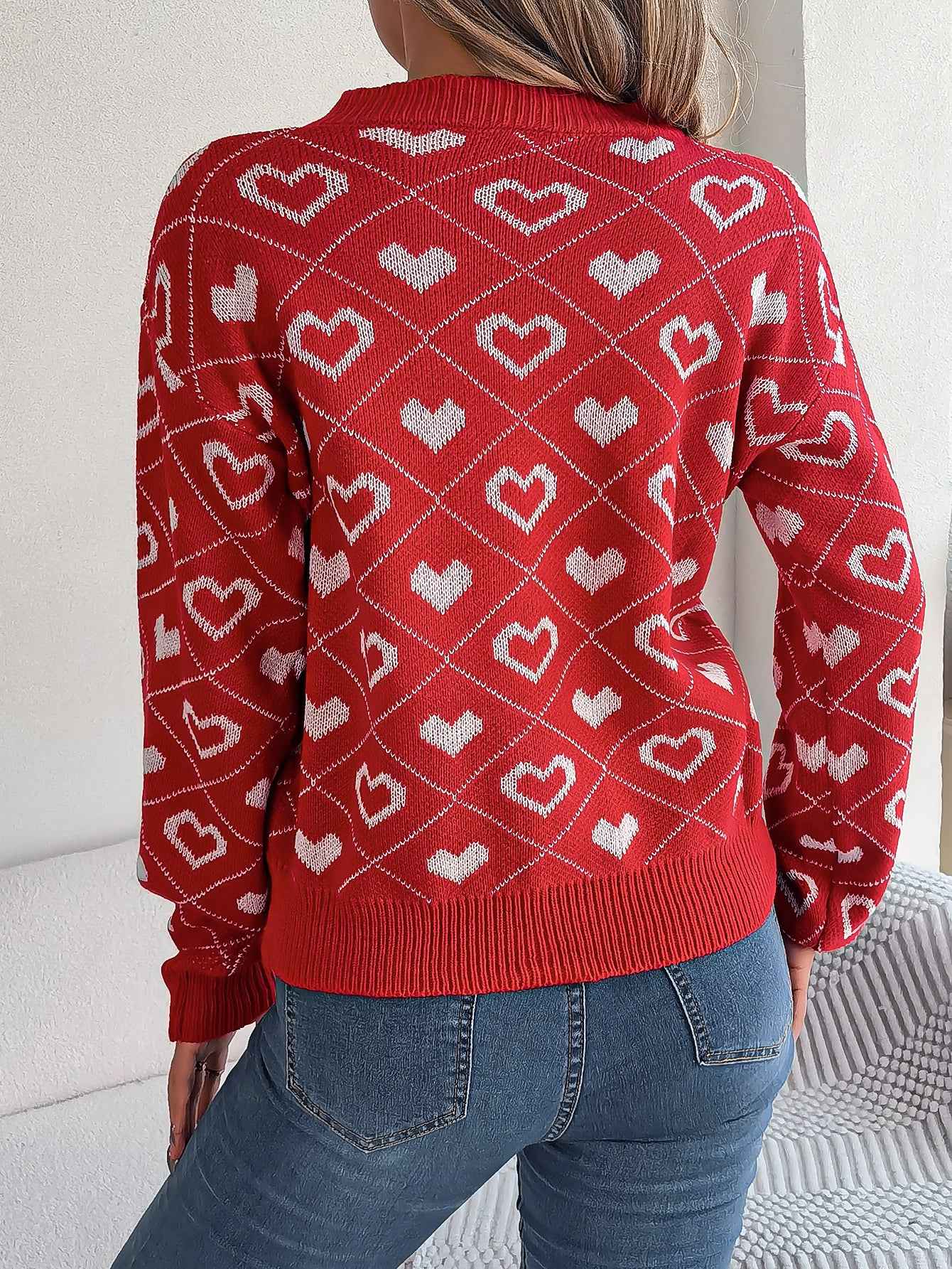 Sarah Express Women Sweet Color Block Heart Lantern Sleeve Pullover Sweater