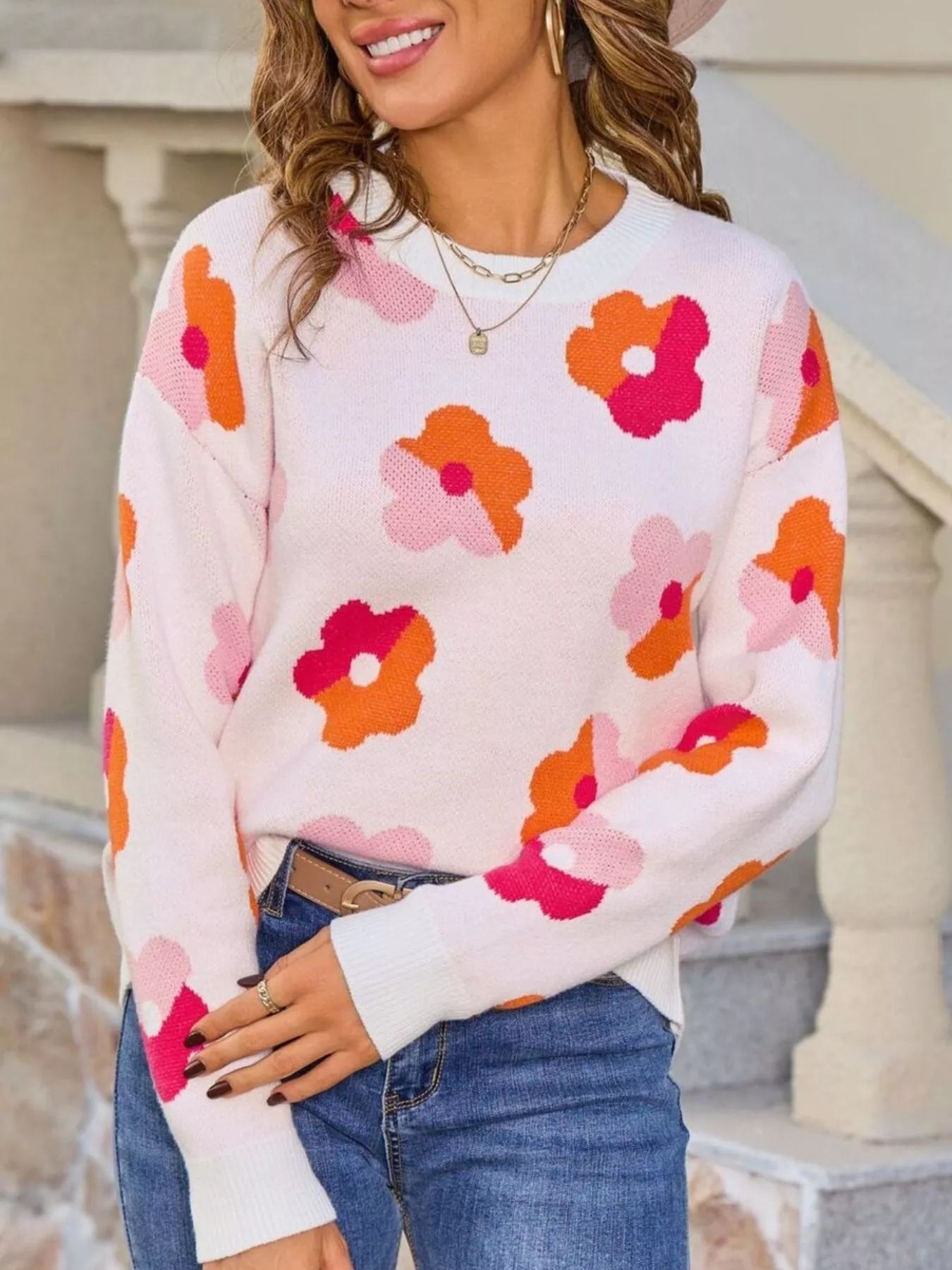 Sarah Express Women's Floral Crew Neck Long Sleeve Sweater