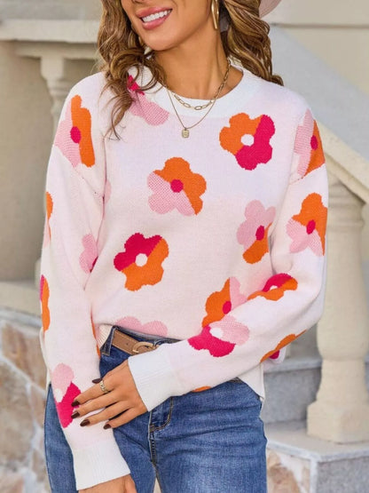 Sarah Express Women's Floral Crew Neck Long Sleeve Sweater