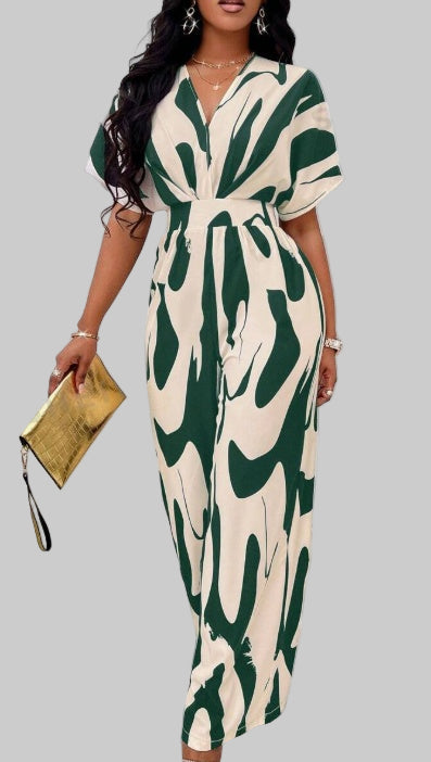 Sarah Express Women's Printed V-Neck Batwing Sleeve Jumpsuit Long Wide Leg One Piece