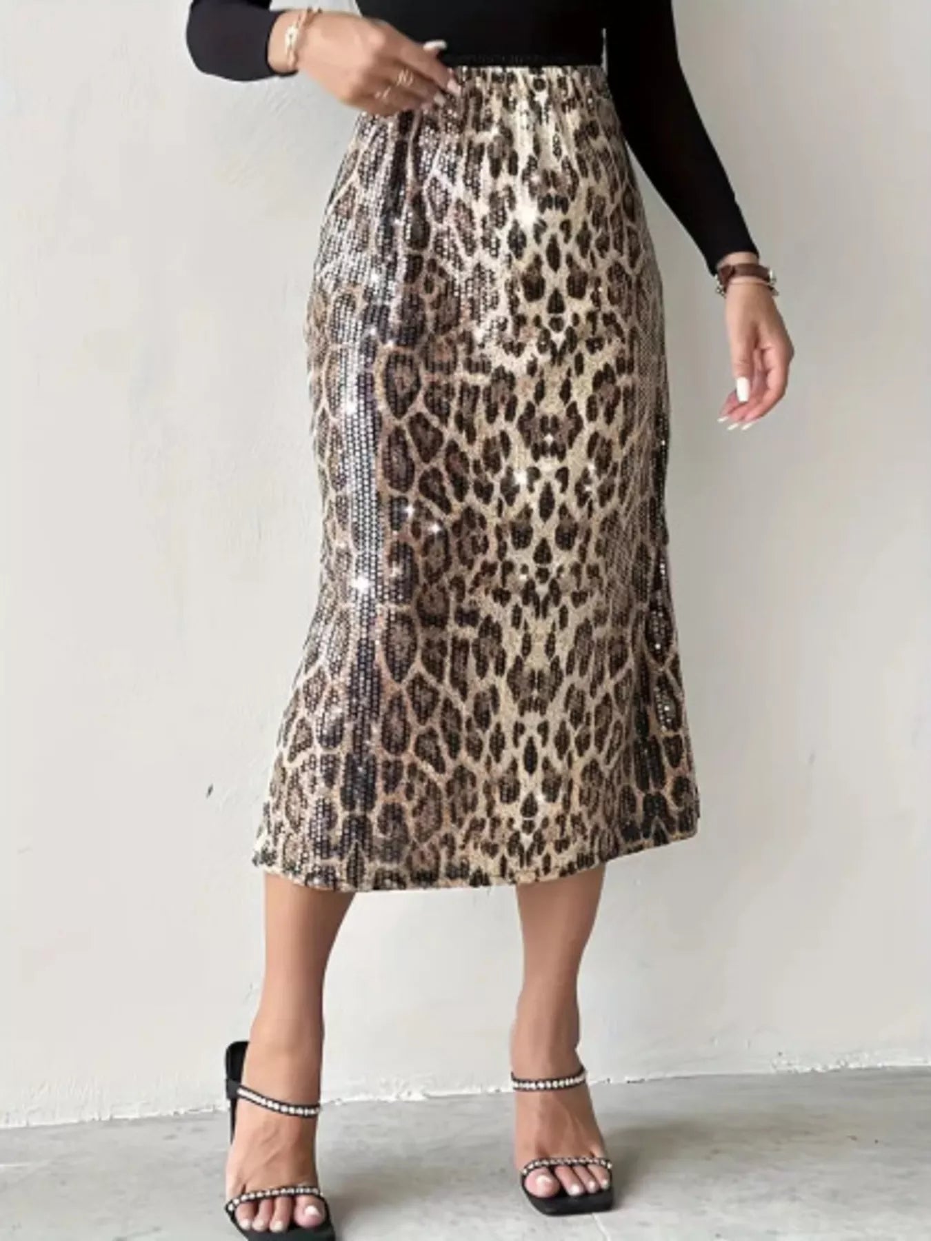 Sarah Express Women's Sequin Leopard Midi Skirt Apricot