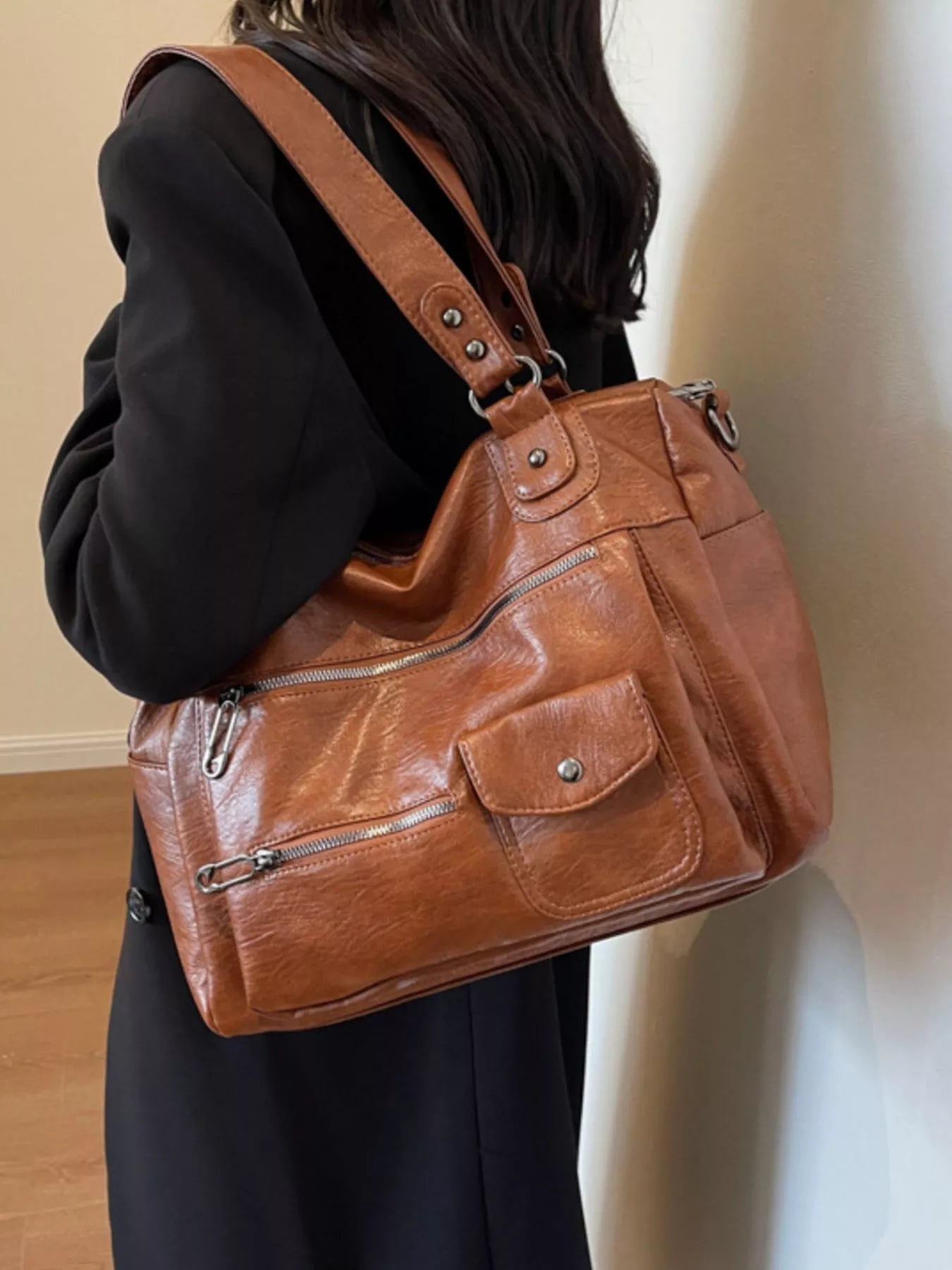 Sarah Express Women's Vintage Multi-Pocket Crossbody Bag - PU Leather Shoulder Bag