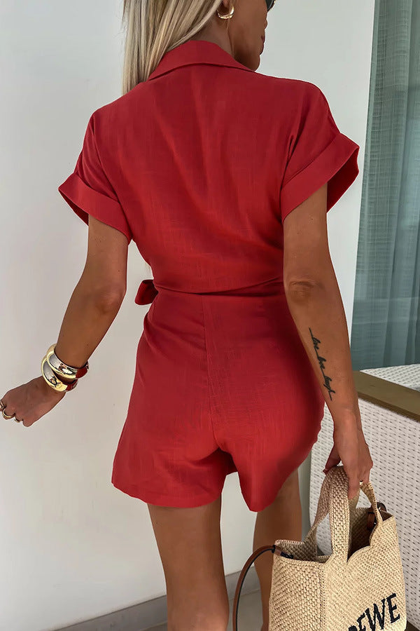 Sarah Express Lace-Up Collar Jumpsuit Romper Shorts Casual Vacation One Piece