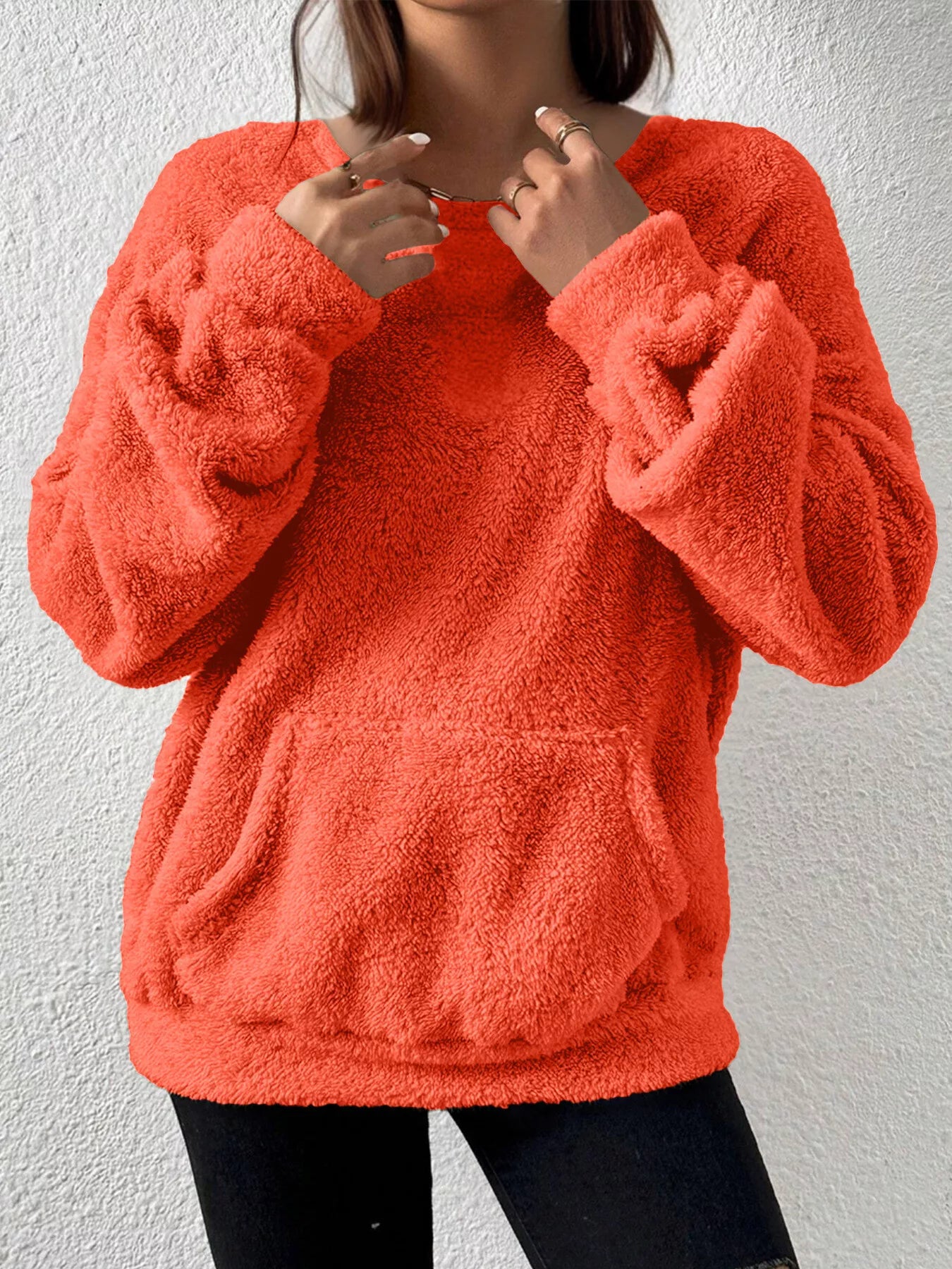 Sarah Express Women's Fleece Round Neck Dropped Shoulder Sweatshirt Plus Size Orange