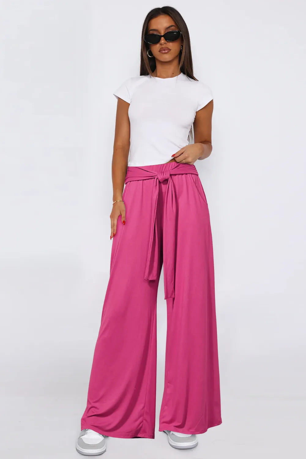 Sarah Express Women's Tied Wide Leg Pants with Pockets Hot Pink