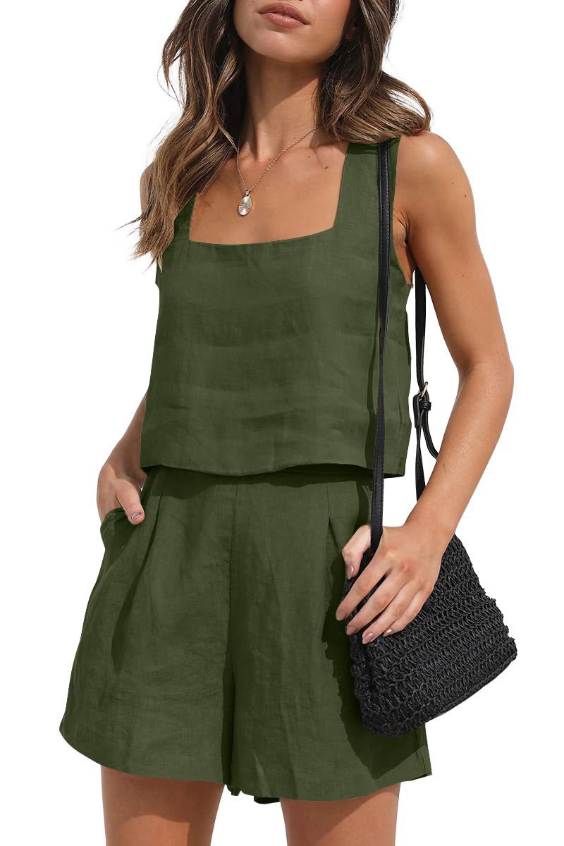 Sarah Express Women's Square Neck Cotton Linen Two-Piece Top and Shorts Set