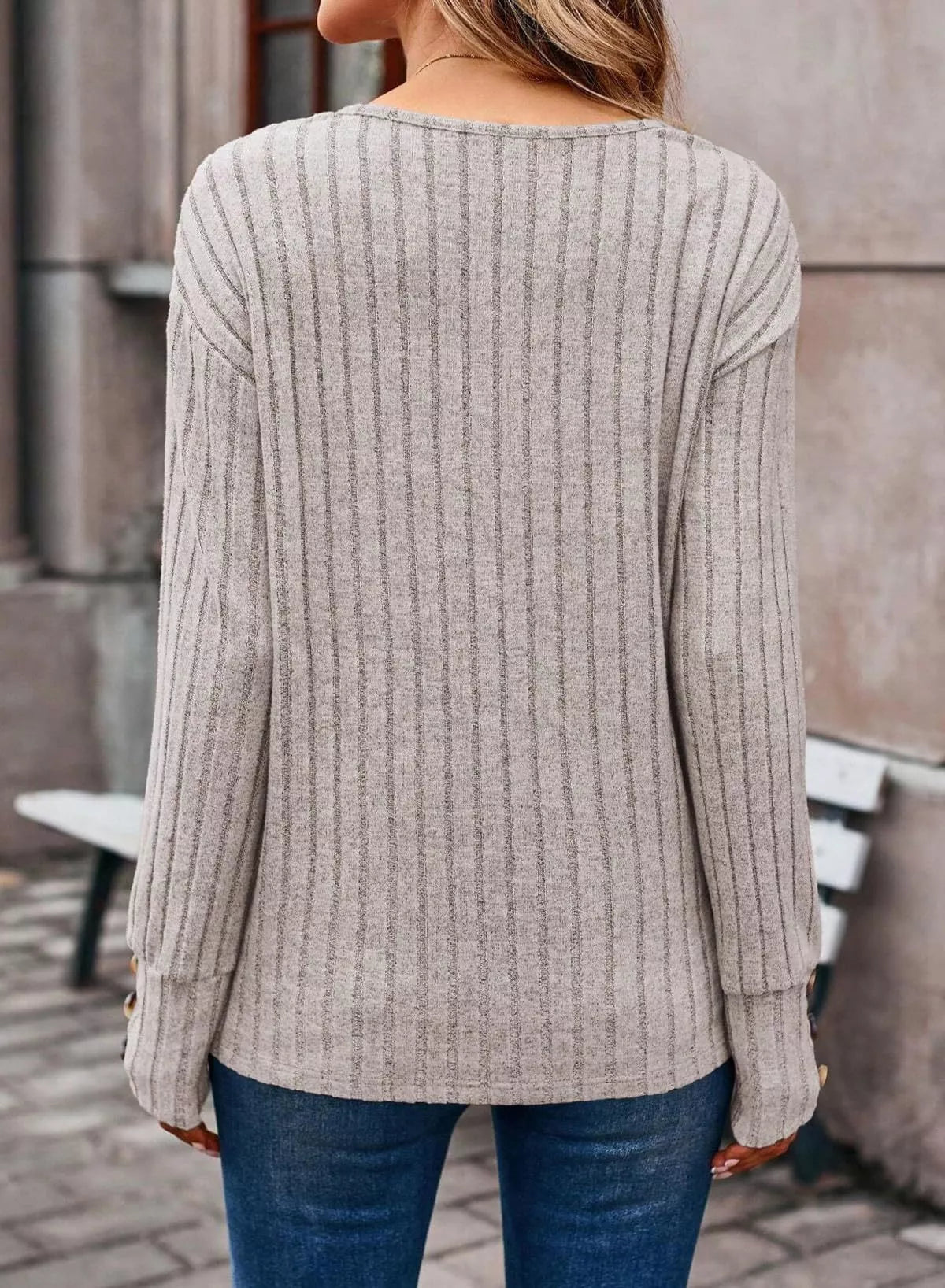 Sarah Express Women's Ribbed Knit V-Neck Top with Decorative Buttons