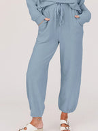 Sarah Express Women's Ribbed Round Neck Sweatshirt and Drawstring Pants Set