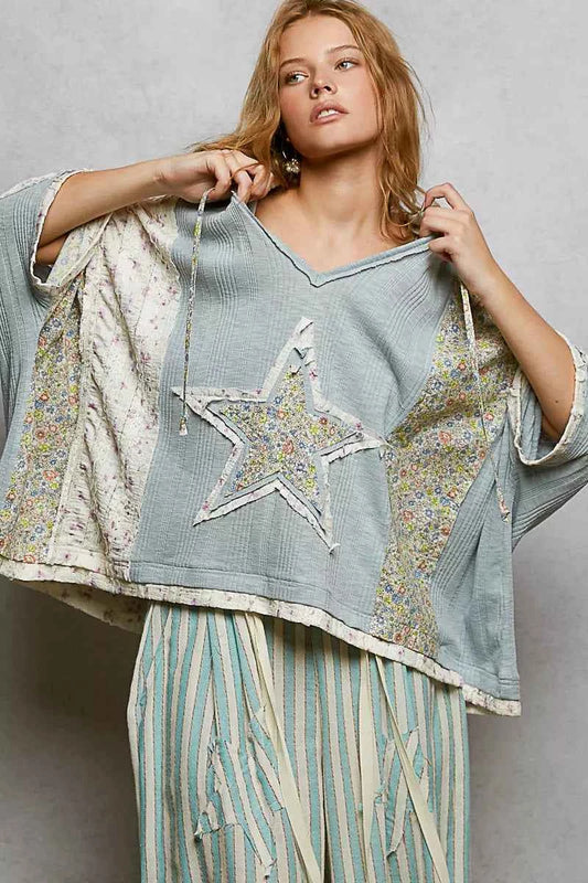 Sarah Express Women's Floral Star Patch Hooded Blouse with Lace Detail - Ribbed Long Sleeve Top
