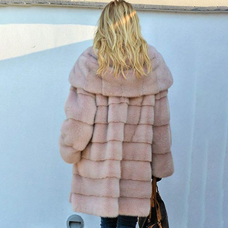 Sarah Express Plush Faux Fur Hooded Coat Loose Fit Medium Length