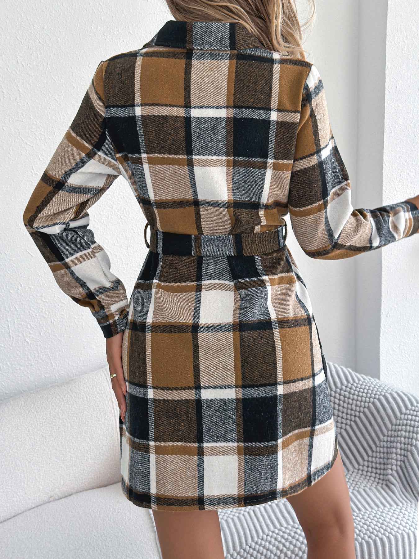 Sarah Express Women's Color-Blocked Plaid Tweed Shirt Dress with Tie Waist
