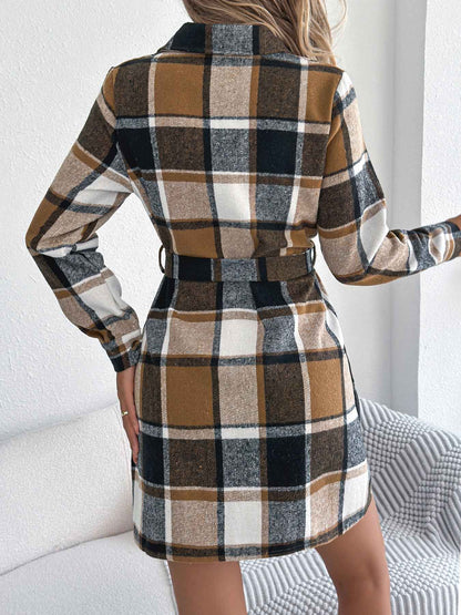 Sarah Express Women's Color-Blocked Plaid Tweed Shirt Dress with Tie Waist