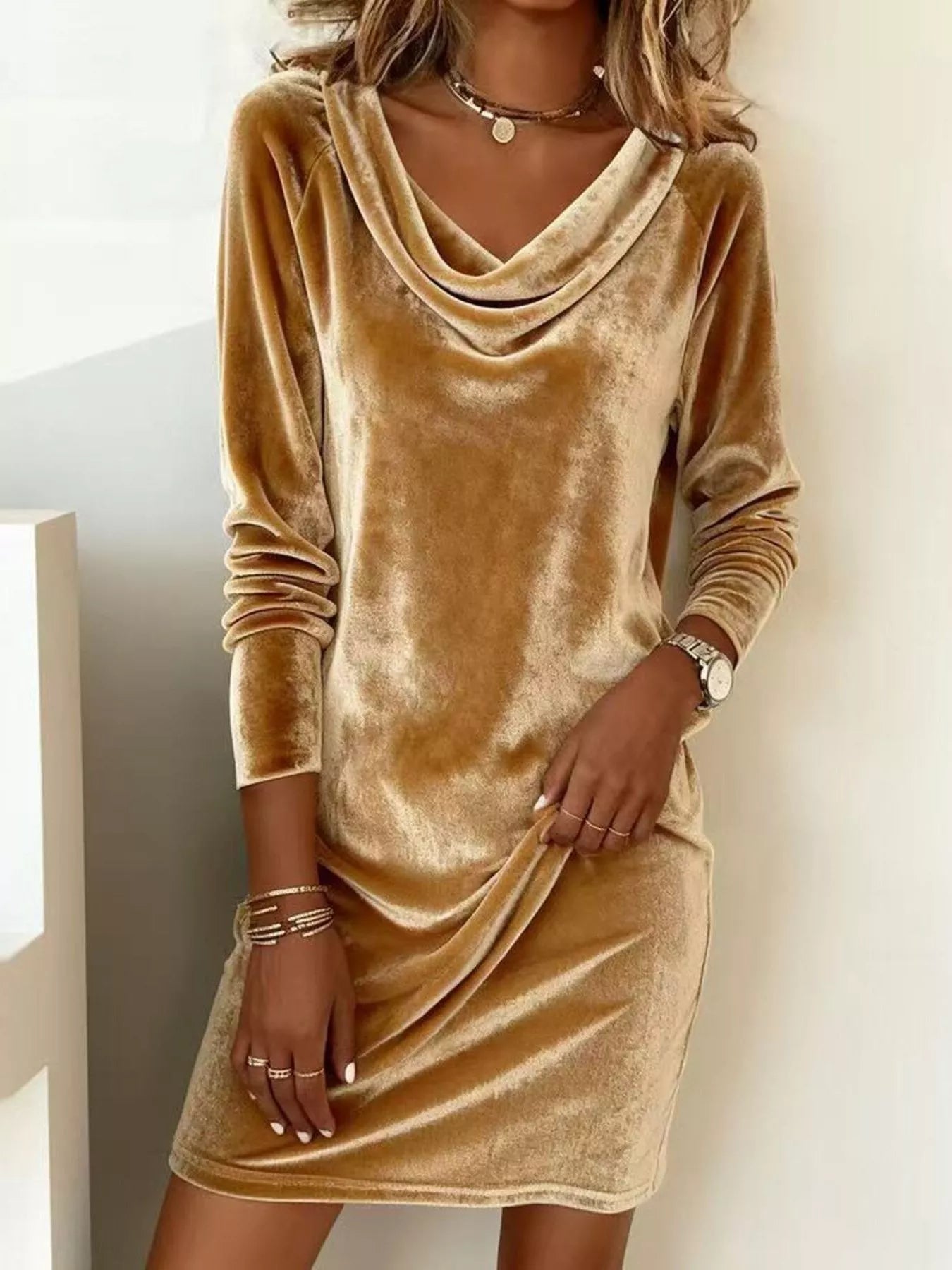 Sarah Express Women's Velvet Cowl Neck Long Sleeve Mini Dress Gold