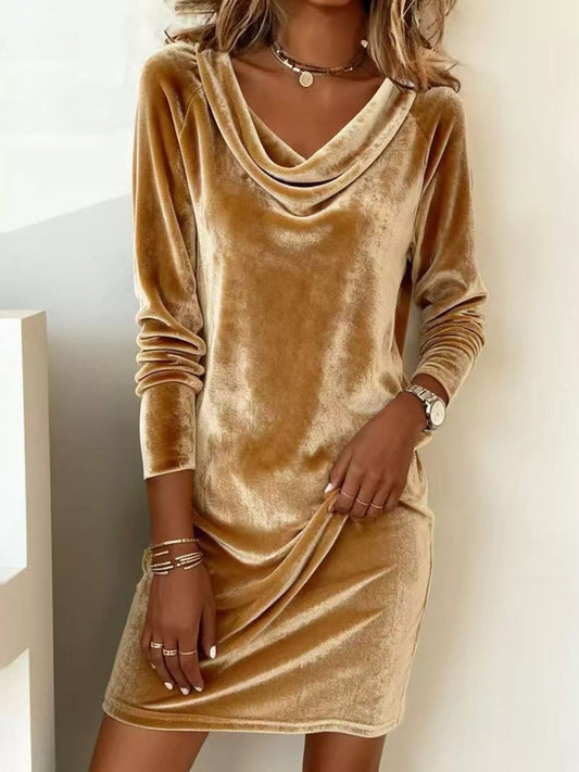 Sarah Express Women's Velvet Cowl Neck Long Sleeve Mini Dress Gold