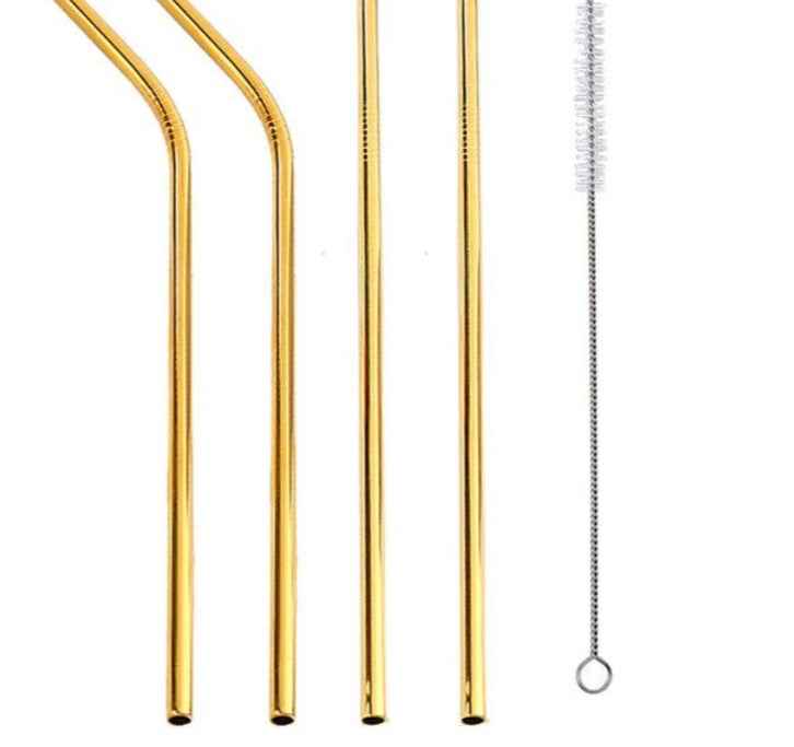Sarah Express Colorful Reusable Stainless Steel Straws Set - Food Grade Stainless Steel Drinking Straws with Cleaning Brush GOLD STRAIGHT.BENT
