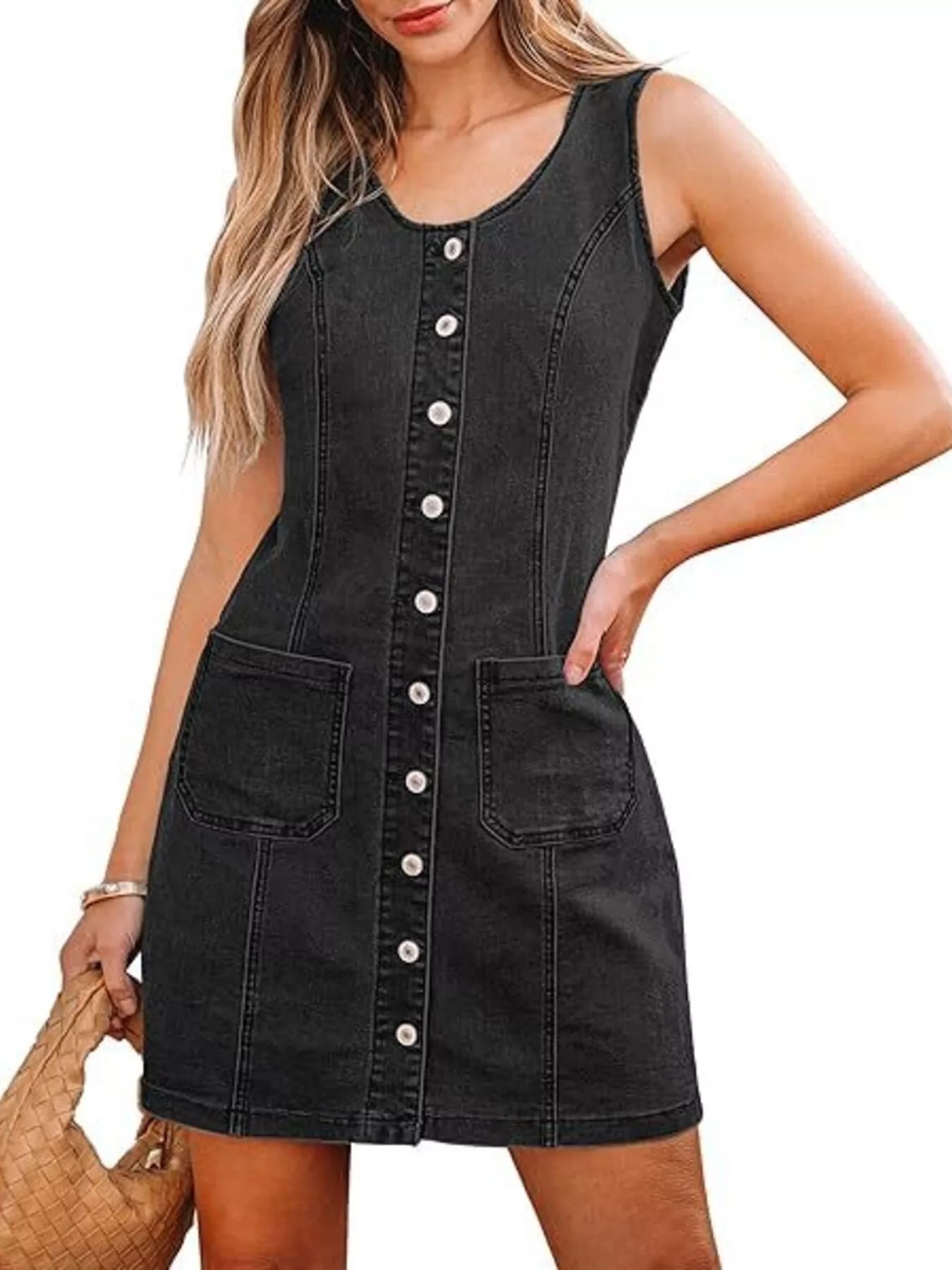 Sarah Express Women's Button-Front Sleeveless Denim Dress Black Gray