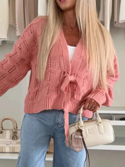 Sarah Express Women's Tie-Front Openwork Cardigan - Lightweight Knit Sweater