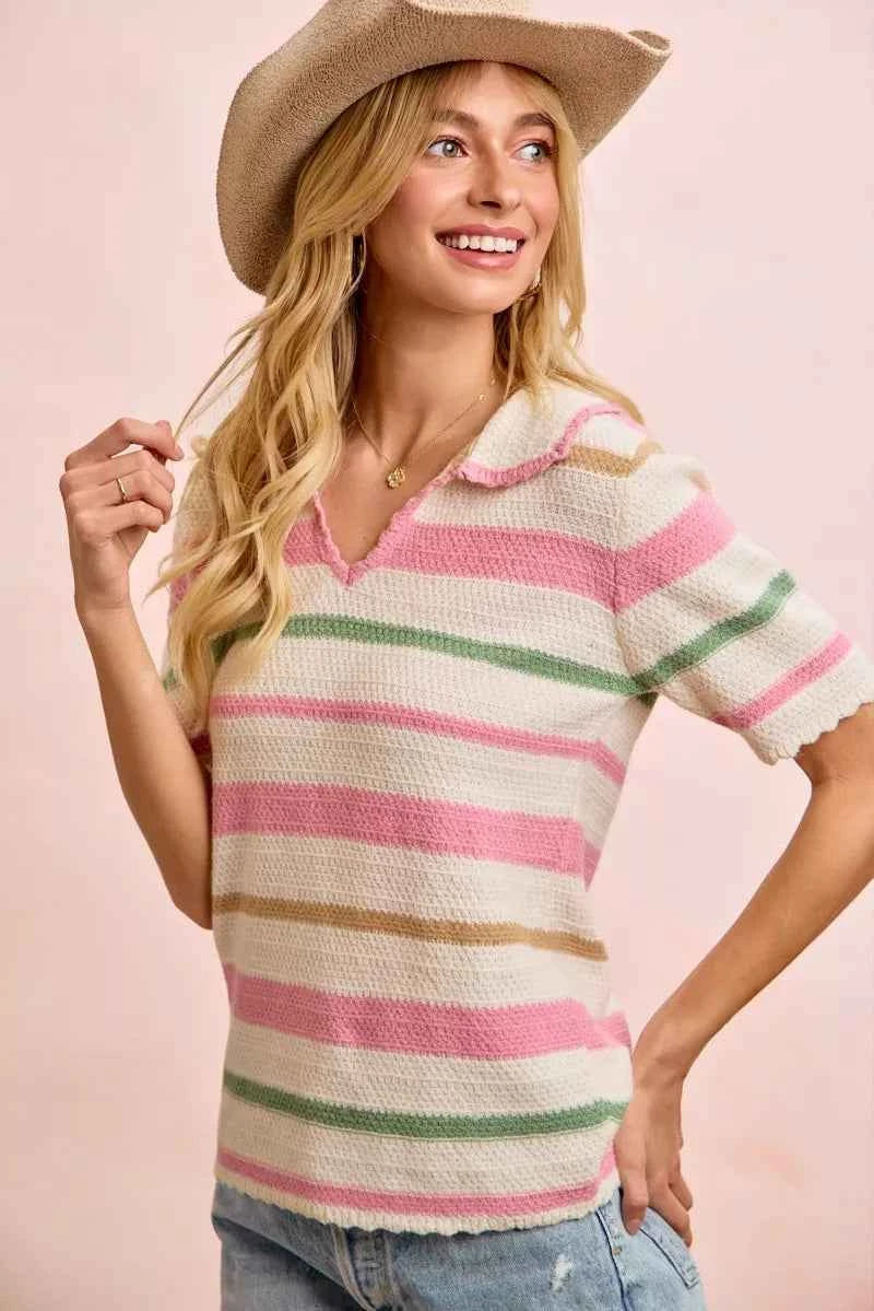 Sarah Express Women's Multi Color Striped Collared Knit Top - Ribbed Preppy Sweater