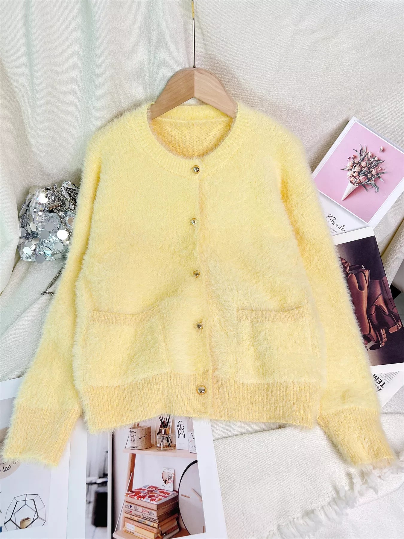 Sarah Express Women's Fluffy Knit Button Up Cardigan