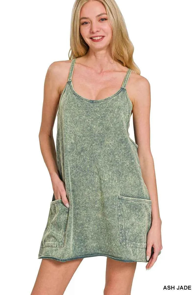 Sarah Express Women's Acid Wash Mini Dress with Built-In Romper Liner - Casual Pocketed Dress ASH JADE