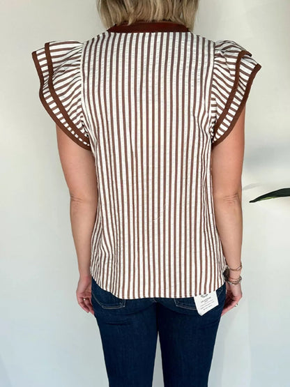 Sarah Express Women's Striped Notched Ruffled Sleeve Blouse