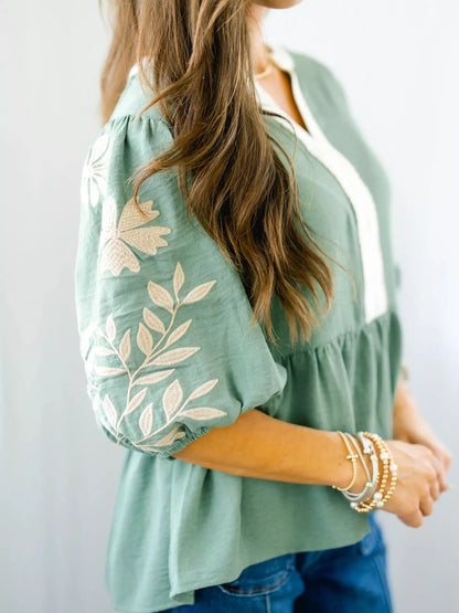 Sarah Express Women's Embroidered Puff Sleeve Babydoll Blouse - Color Block V Neck Top