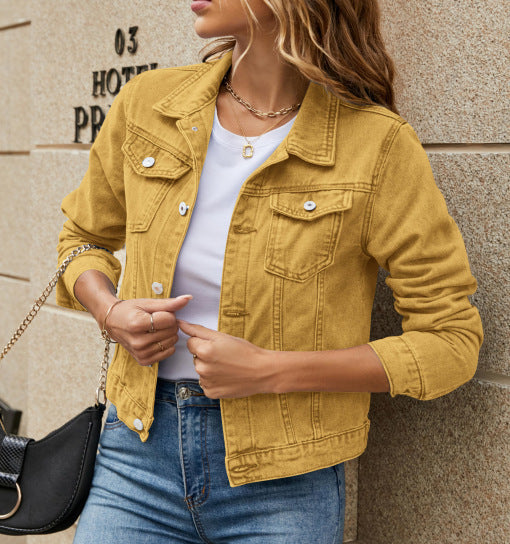 Sarah Express Women's Denim Jacket Slim Fit Lapel Long Sleeve Cotton Fall Spring Casual Work Outerwear