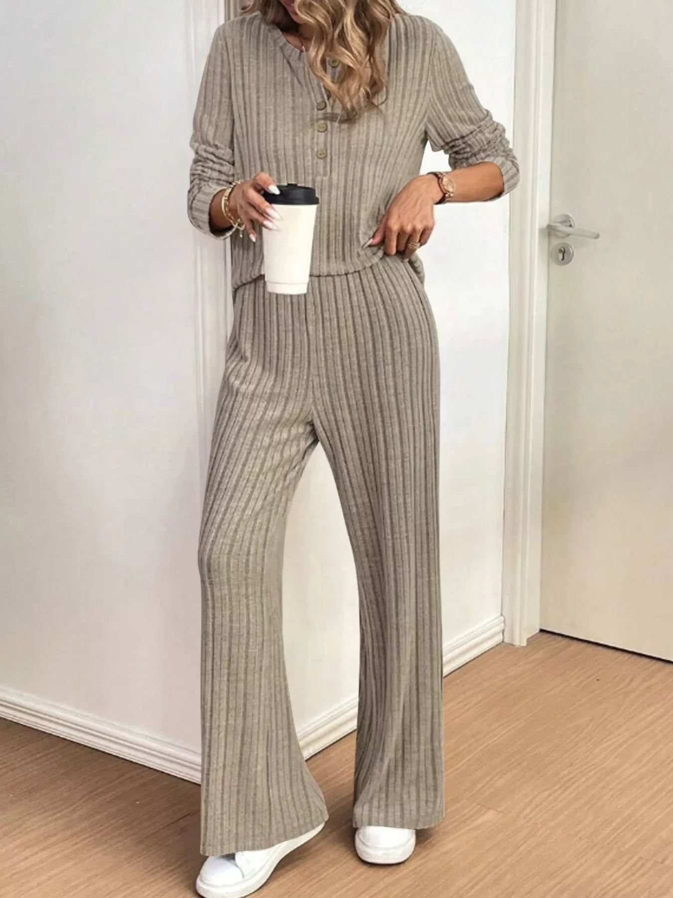 Sarah Express Women's Plus Size Ribbed Knit Button Front Top and Pants Set Khaki