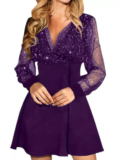 Sarah Express Glitter Mesh Long Sleeve Mini Dress - Sheer Sparkle Cocktail Party Dress Purple