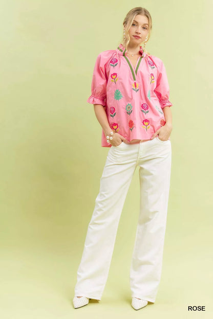 Sarah Express Women's Embroidered Floral Top with Contrast Trim