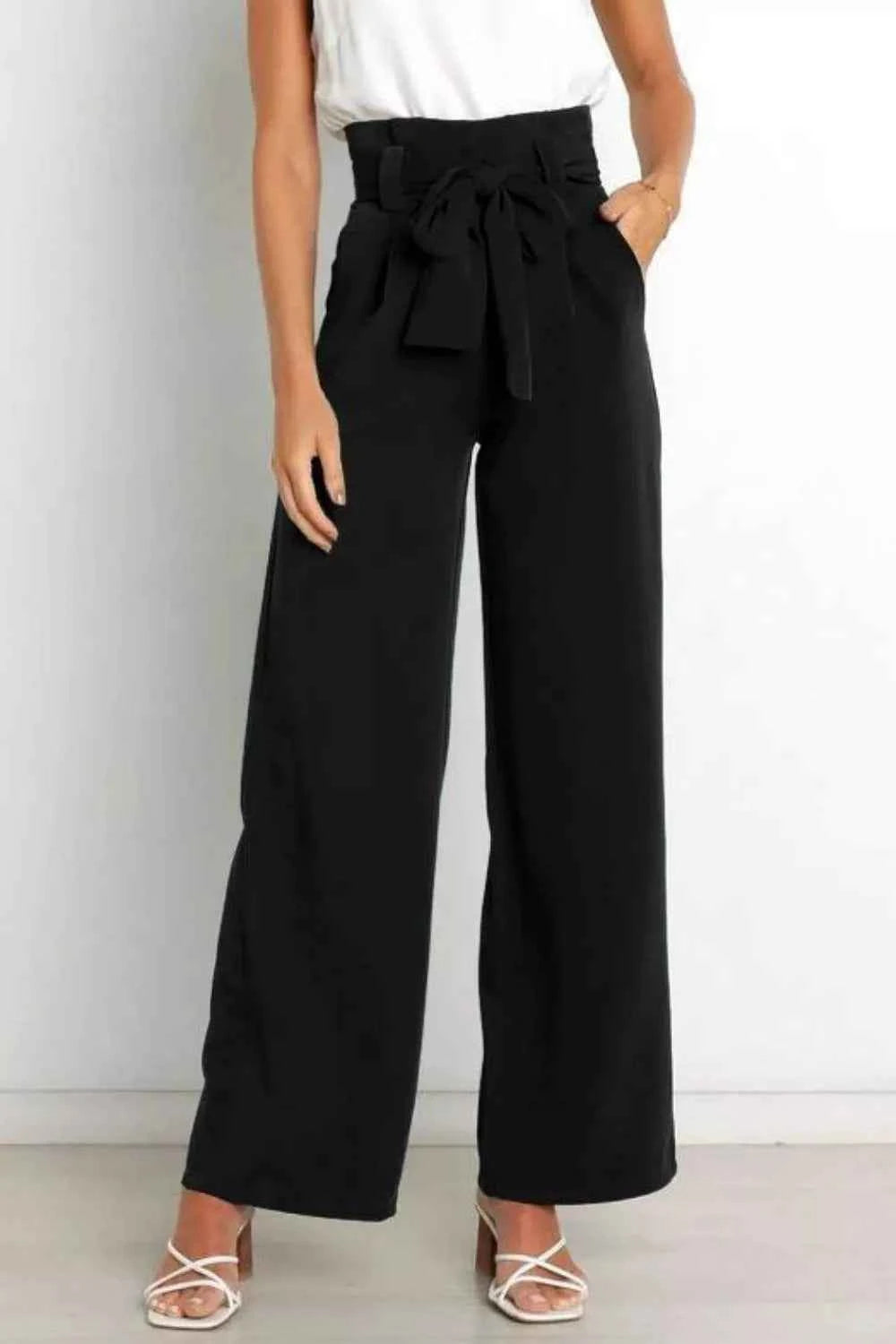 Sarah Express Women's High Waist Tie Front Wide Leg Pants - Pocketed Palazzo Trousers