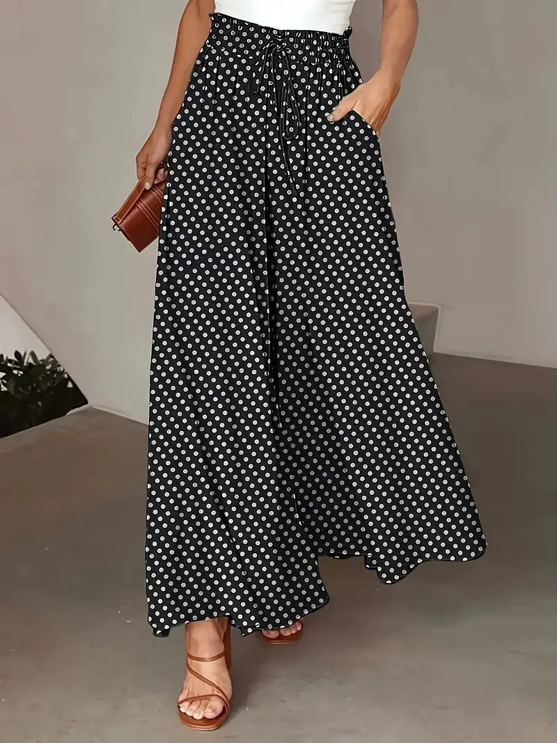 Sarah Express Women's Polka Dot Wide-Leg Pants Elastic Waist Loose Fit Casual Trousers