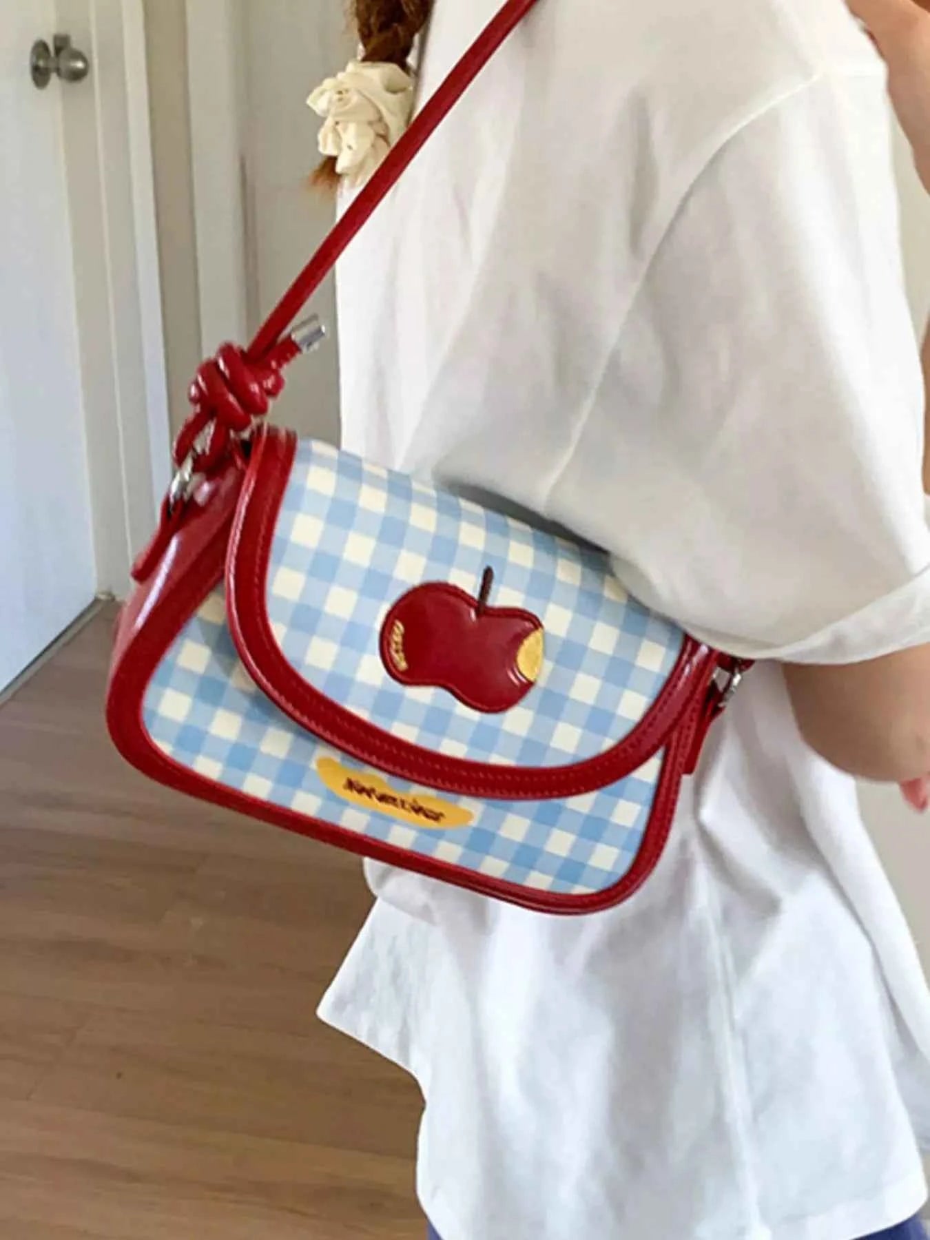 Sarah Express Women's Apple Gingham Shoulder Bag - Small PU Leather Crossbody Handbag