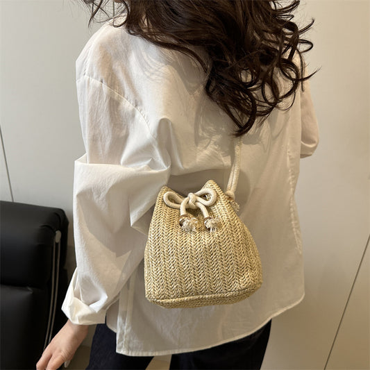 Sarah Express Women's Woven Straw Bucket Bag - Casual Crossbody Shoulder Bag with Adjustable Strap