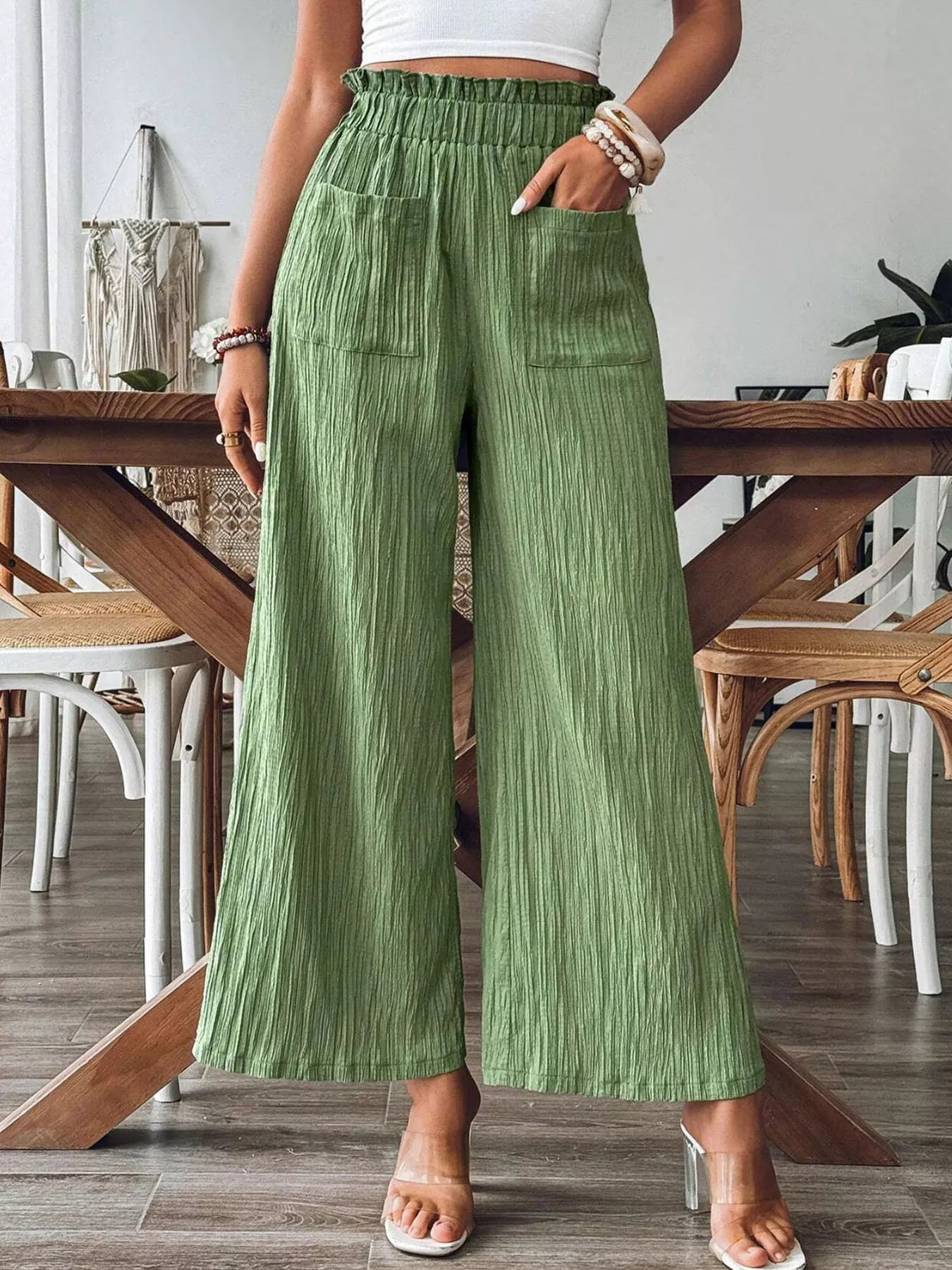 Sarah Express Women's High-Waisted Wide Leg Pants with Pockets Matcha Green