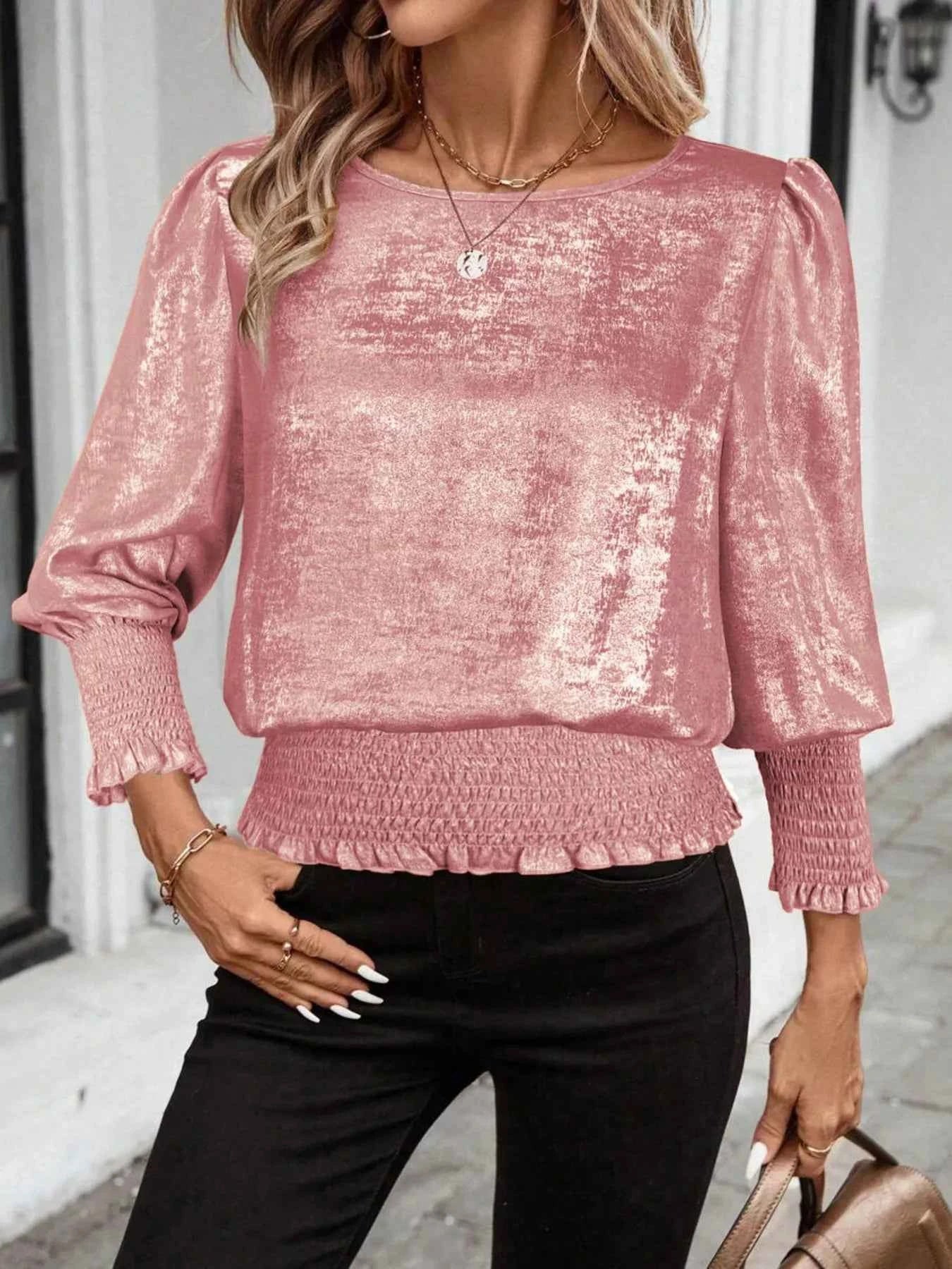 Sarah Express Women's Smocked Round Neck Long Sleeve Blouse Dusty Pink