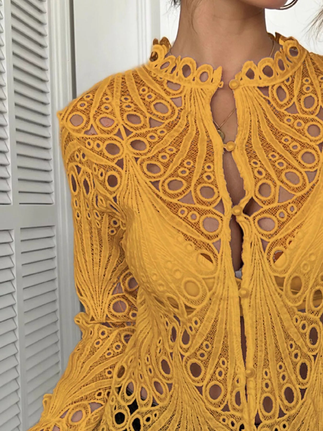 Sarah Express Women's Lace Button Up Long Sleeve Shirt - Elegant Openwork Blouse