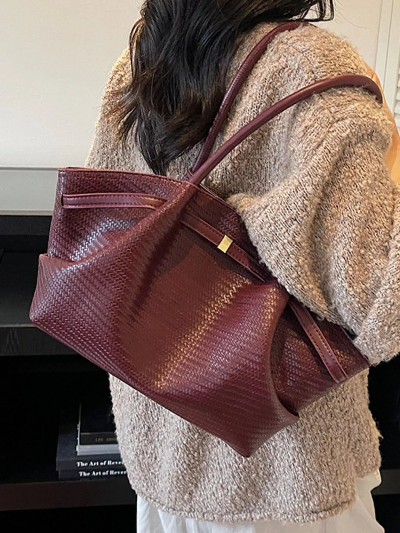 Sarah Express Women's Textured Tote Bag - Large PU Leather Shoulder Bag