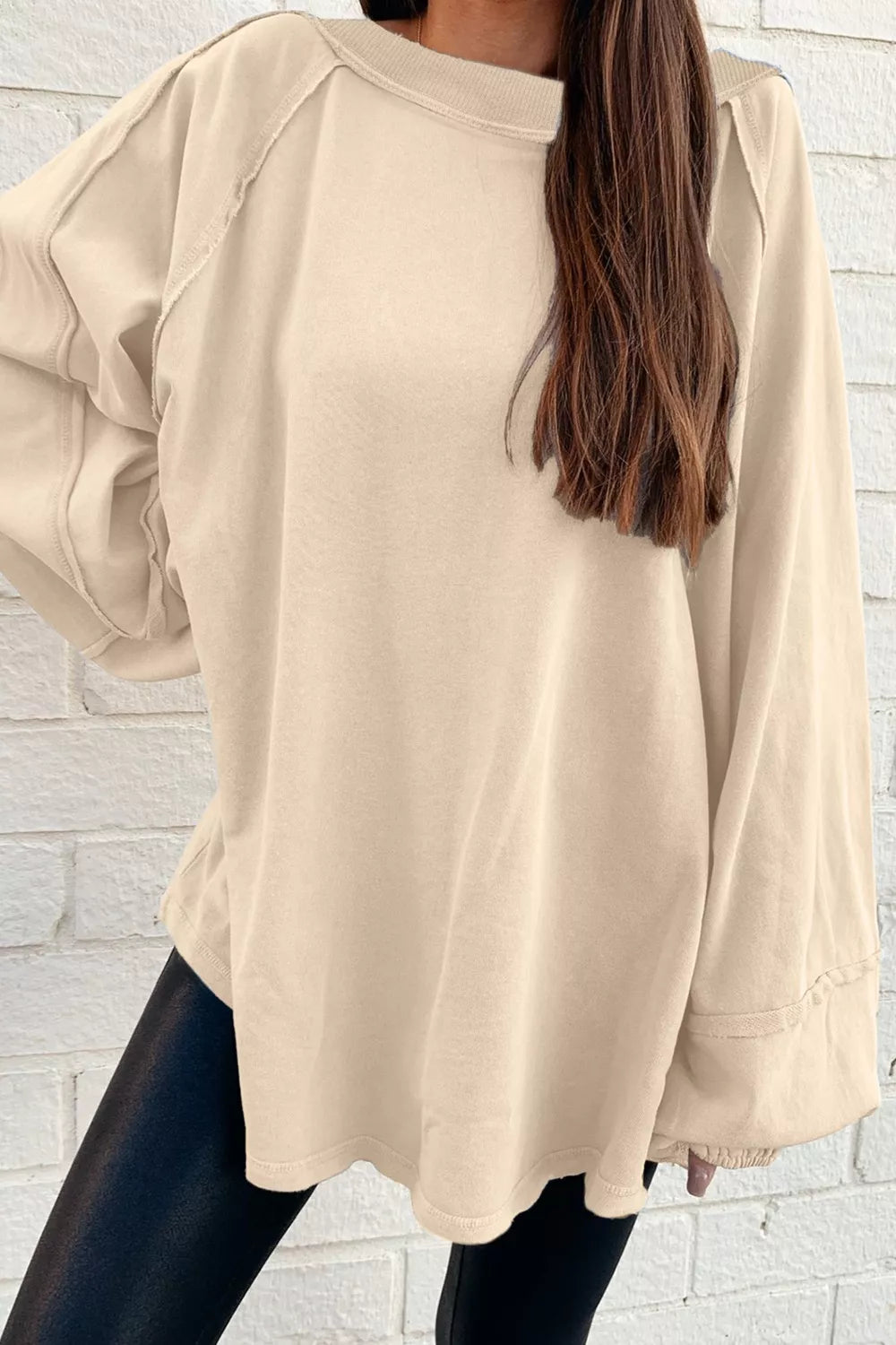 Sarah Express Women's Oversized Long Sleeve Crewneck Sweatshirt Beige