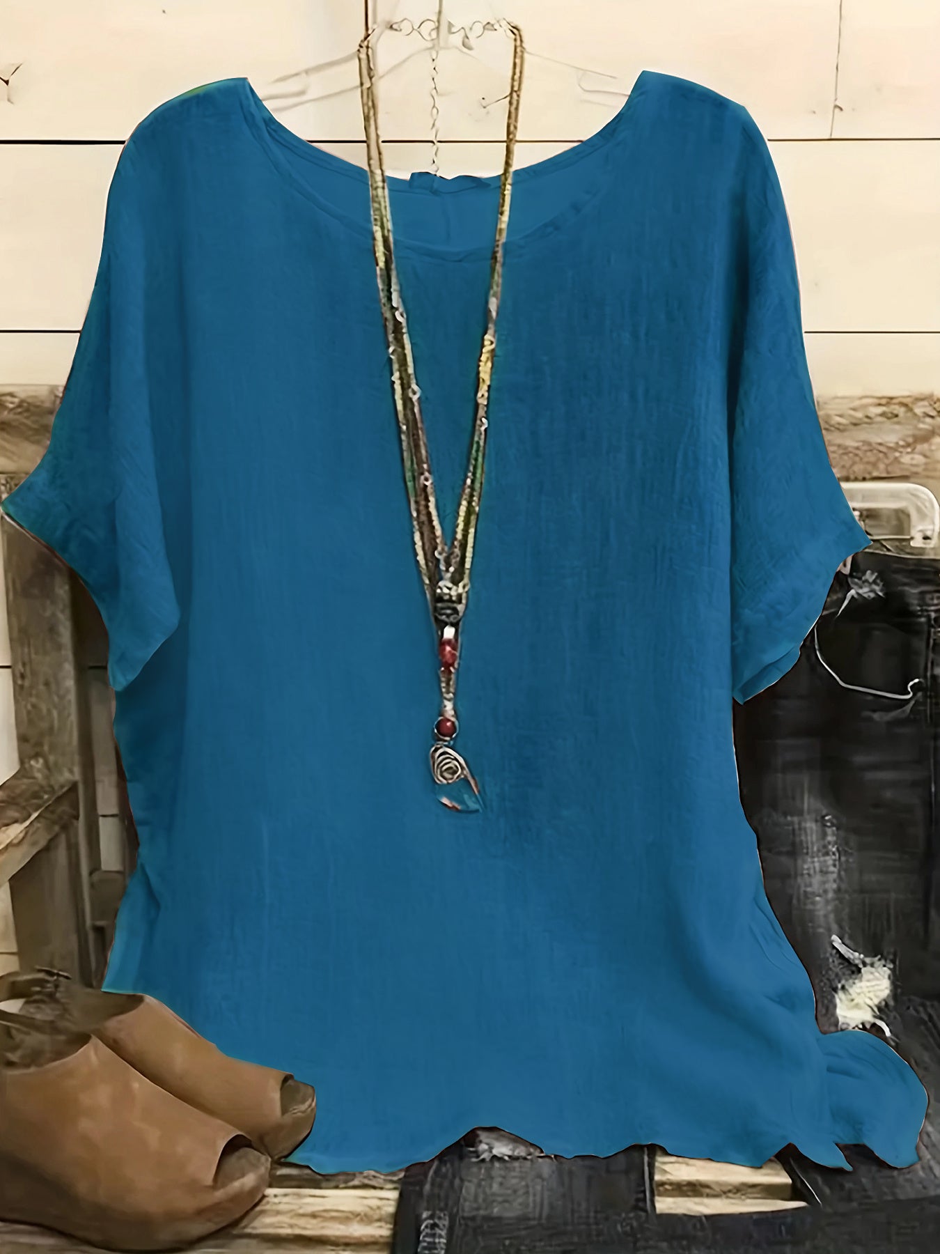 Sarah Express Women's Cotton Blend Round Neck Blouse 3/4 Sleeve Loose Fit Top