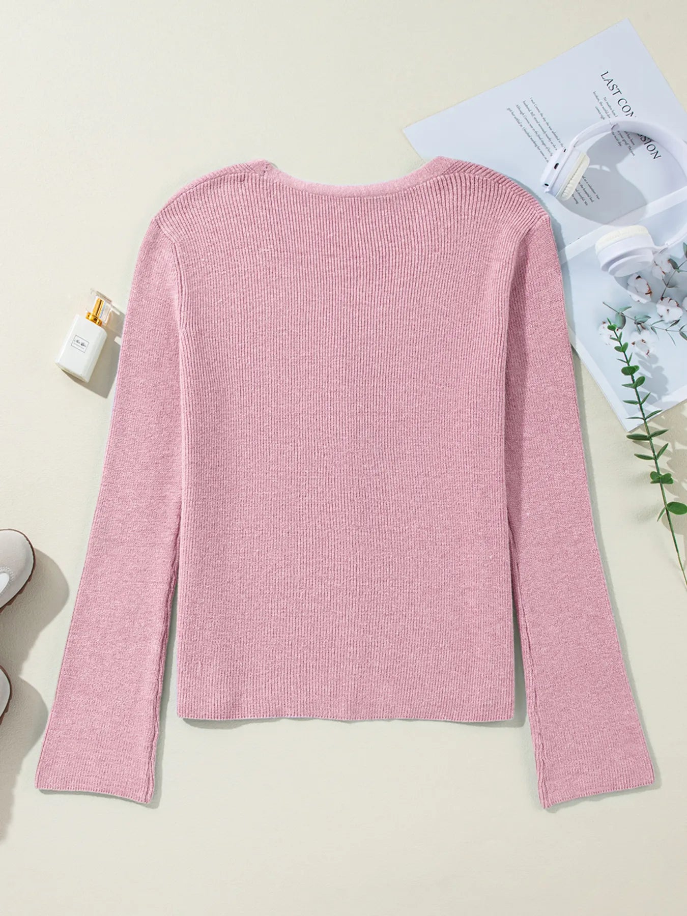 Sarah Express Women's Ribbed Knit Button Front V Neck Cardigan