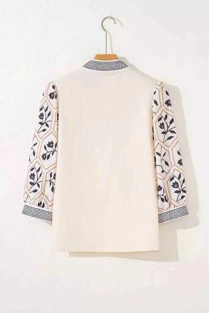 Sarah Express Women's Embroidered Floral Sleeve Blouse - Notched Collar Cotton Top
