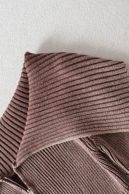 Sarah Express Women's Ribbed Off-Shoulder Zip Up Long Sleeve Cardigan