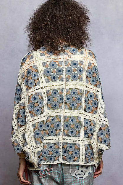 Sarah Express Women's Open Front Crochet Cardigan - Dolman Sleeve Floral Knit Sweater