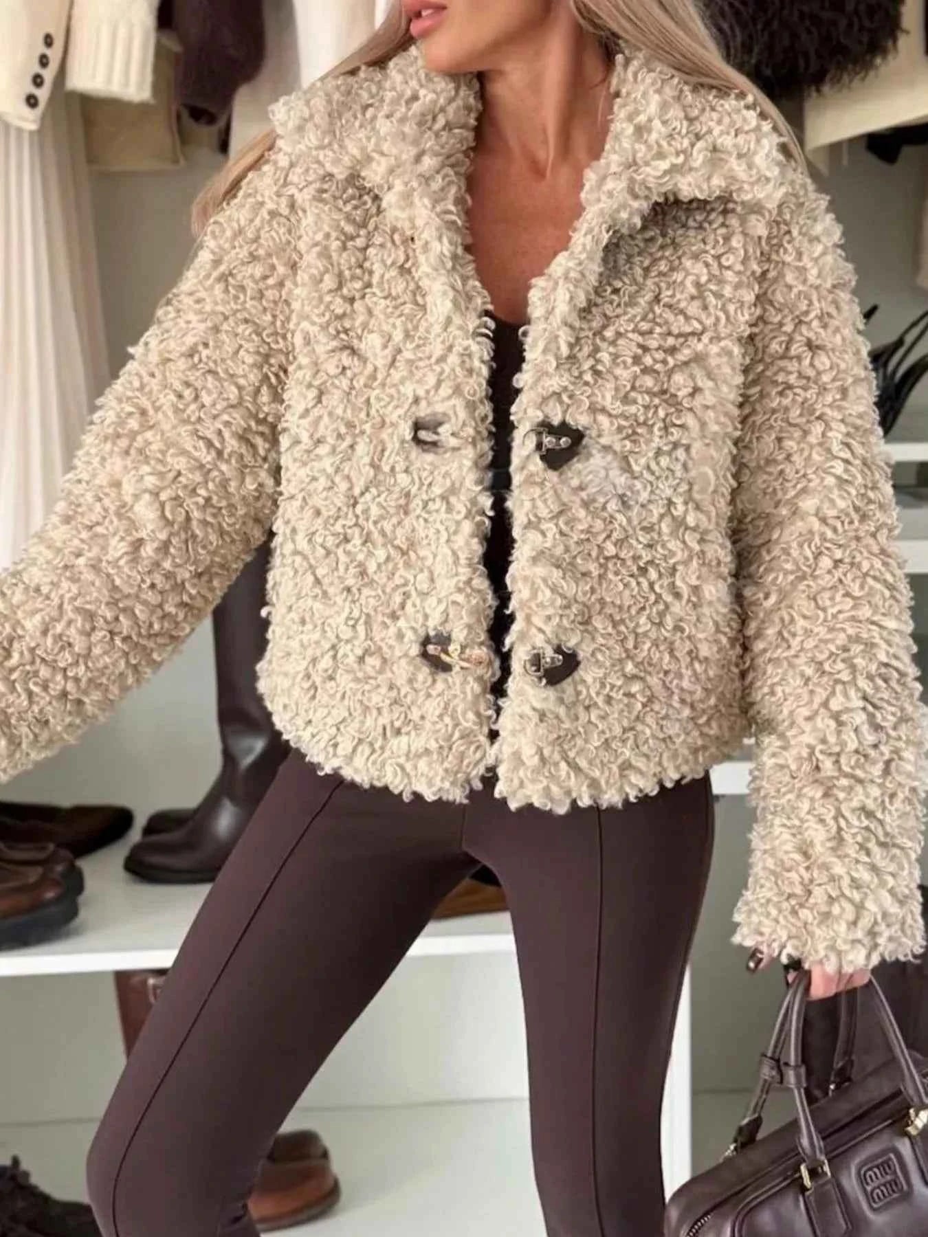 Sarah Express Women's Sherpa Button-Down Jacket - Cozy Fleece Lined Outerwear