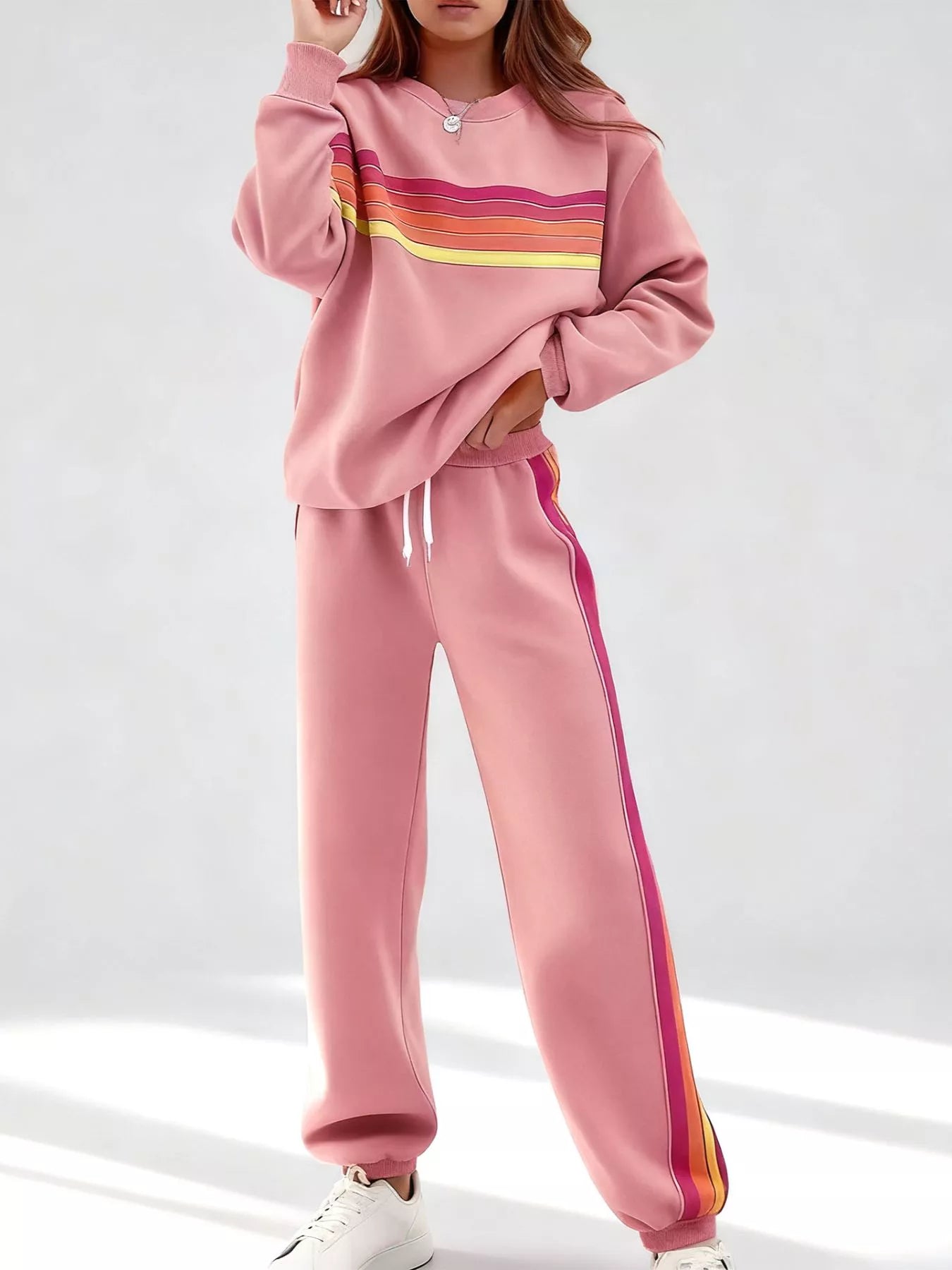 Sarah Express Women's Striped Round Neck Sweatshirt and Pants Lounge Set Pink